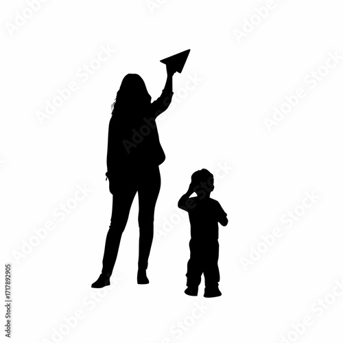 Silhouette of mother cheering son flying paper airplane isolated on white background
