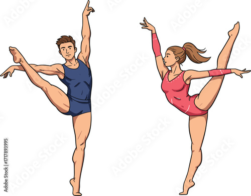 Gymnasts in balance pose, leotard elegance, strength and flexibility, artistic posture, precision, athleticism, training discipline, competitive sport, motion, grace