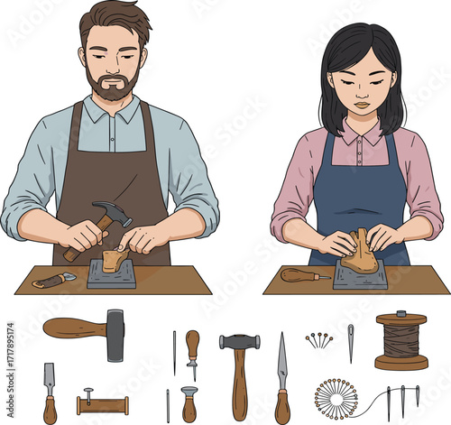 Leather crafting, artisan workshop, handmade goods, tools, stitching, hammer, scissors, thread, needle, apron, workspace, craftsmanship, DIY, handmade, leatherwork, pricking iron, rotary cutter, 