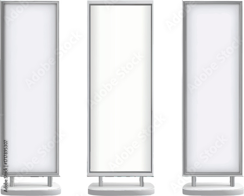 Three Vertical Blank Digital Billboards with Silver Frames on White Background display screen