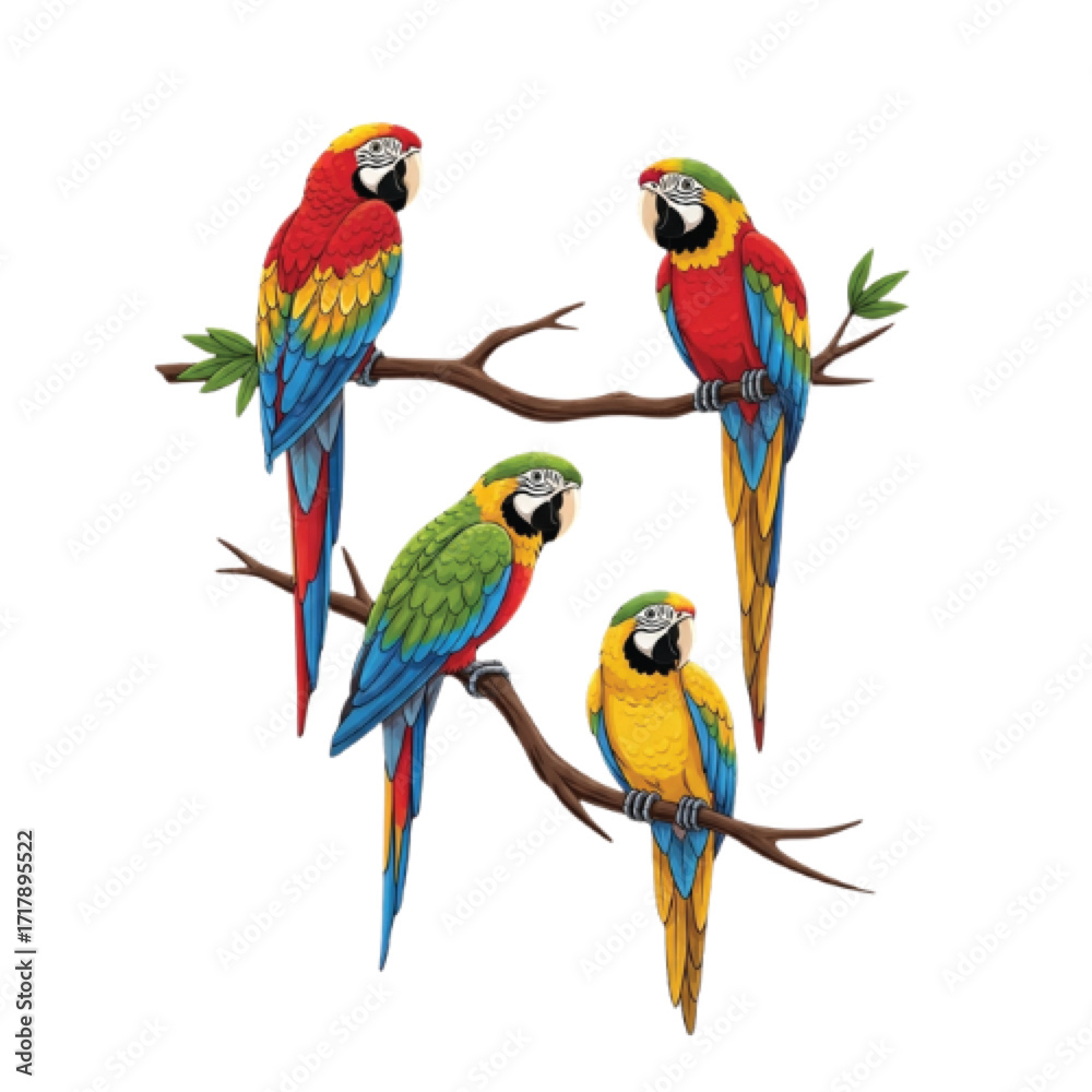 Obraz premium Four colorful macaws perched on tree branches, showcasing vibrant plumage and natural beauty.