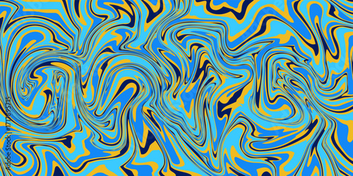 Ocean blue and gold seamless marble pattern with psychedelic swirls. Vector liquid acrylic texture. Flow art. Trippy 70s textile background. Tie dye simple artistic effect.eps 10