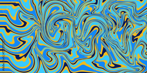 Ocean blue and gold seamless marble pattern with psychedelic swirls. Vector liquid acrylic texture. Flow art. Trippy 70s textile background. Tie dye simple artistic effect.eps 10