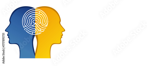 Abstract vector illustration of dual head silhouettes symbolizing bipolar disorder and mood disorders. Conceptual psychology design showing split personality, tangled and untangled mind. copy space