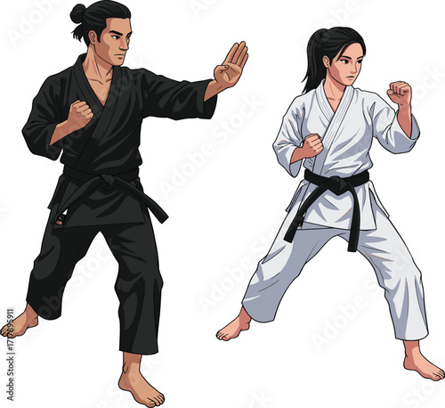 Martial arts athletes in ready stance, black and white gi, black belt discipline, barefoot posture, combat sport, training, focus, agility
