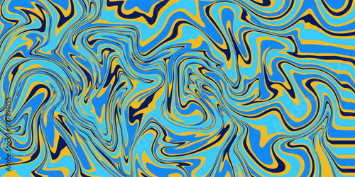 Ocean blue and gold seamless marble pattern with psychedelic swirls. Vector liquid acrylic texture. Flow art. Trippy 70s textile background. Tie dye simple artistic effect.eps 10