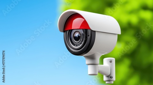 Security Camera with Stylish Design Surrounded by Greenery and Bright Sky