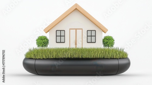 Modern miniature house design on a black base with green grass and plants