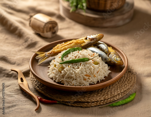 Deliciously prepared fried fish served with fluffy white rice and fresh green chili peppers on a rustic table