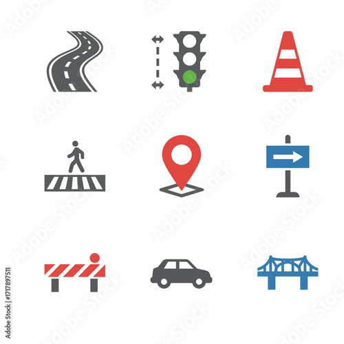 Road icon set. Containing street, traffic light, signpost, directions, parking, route, GPS, drive, crosswalk. Solid icon collection