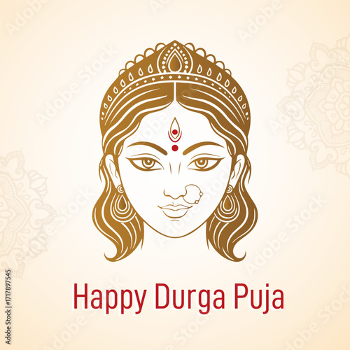 Minimalist Maa Durga Face with Sharodiya Shubhechha Bengali Text for Festival Greetings