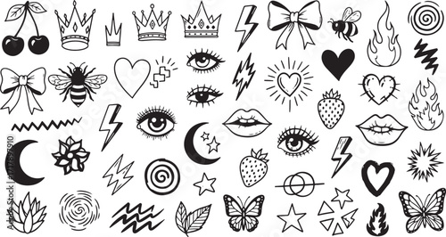Punk doodle vector. Grunge graffiti with crown, cherry, star, flame, lightning, lips, bee, butterfly, heart, eye. Crayon tattoo icon. Scribble marker art. Chalk background.