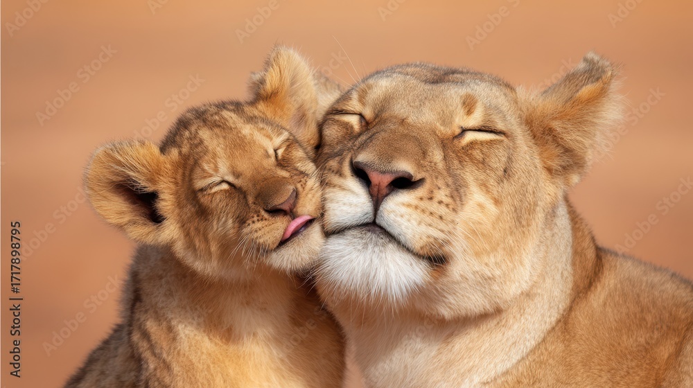 Fototapeta premium World Lion Concept. Tender moment between a lioness and her cub in warm tones.