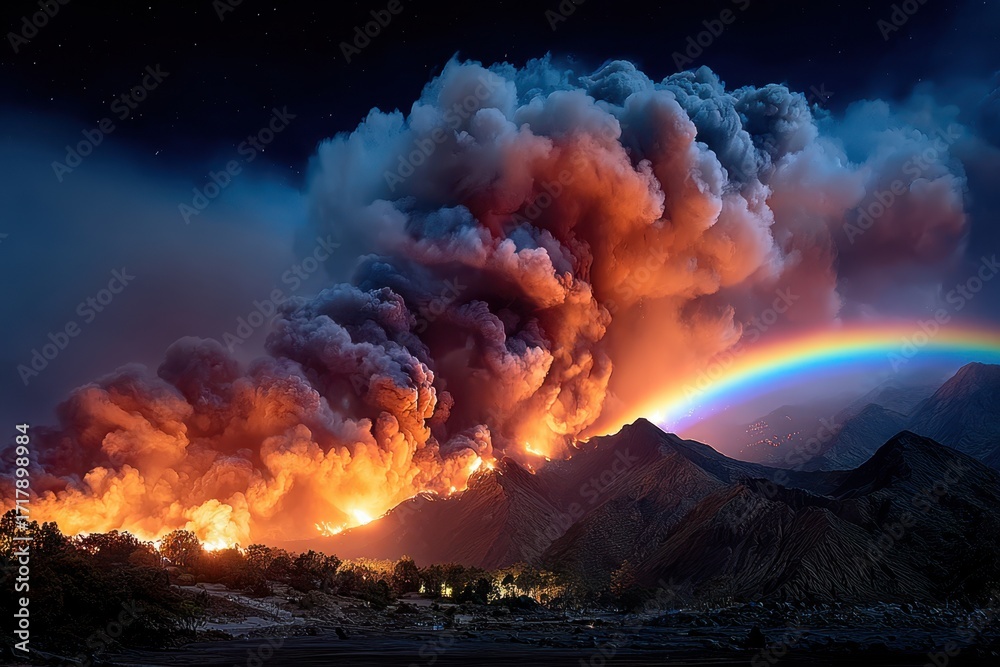 Fototapeta premium Volcanic eruption with rainbow at night