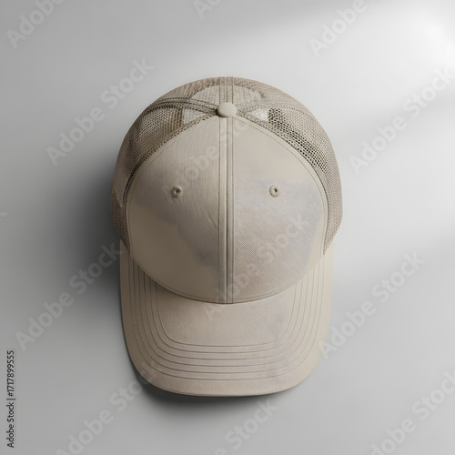 Minimal Beige Trucker Hat Mockup Top View