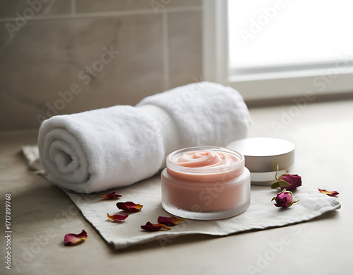 Soft white rolled towel and pink cream in a jar with rose petals on a textured surface
