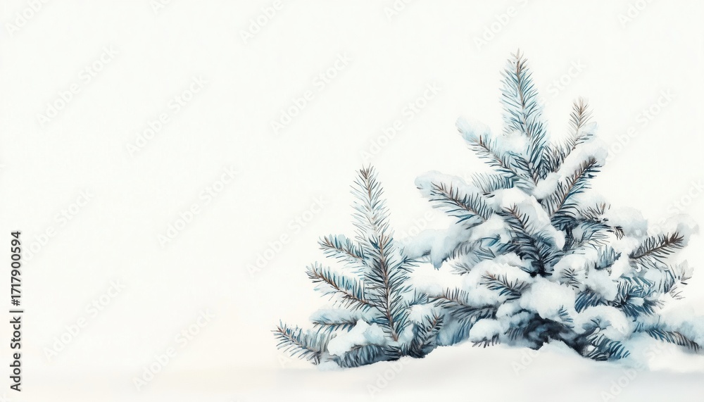 Fototapeta premium Hand-Painted Water Christmas Tree With Snow-Covered Branches Set Against A White Background: Festive Winter Decor For The Holidays.