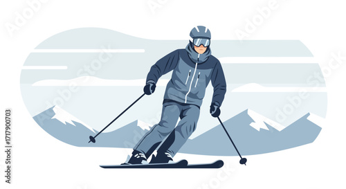 Skier Gliding Down Mountain Slope Amidst Snow-Capped Peaks in Dynamic Illustration