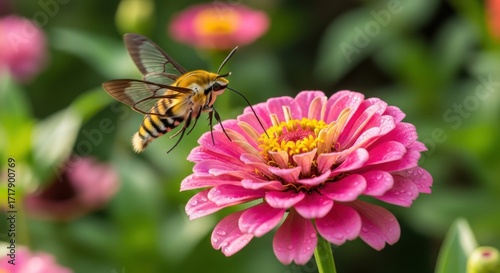 Hummingbird Moth Feeding on Pink Zinnia Flower in a Serene Garden