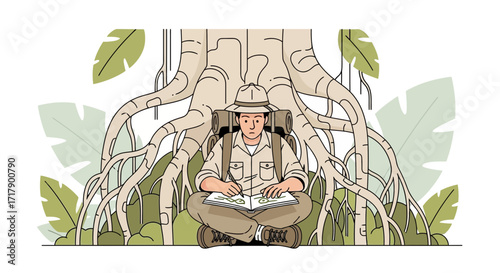 Researcher Journaling Underneath a Large Tree with Complex Root Systems in the Jungle