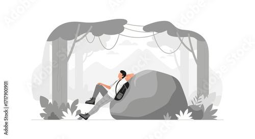 Resting Wanderer Finds Solace Among Lush Foliage and Tranquil Mountainous Landscape