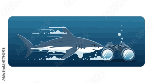 Shark Approaching Binoculars Underwater Depicting Marine Life and Oceanic Exploration