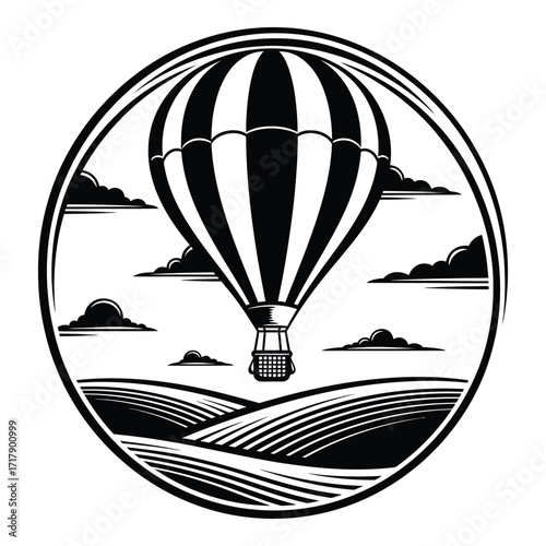Vintage hot air balloon floating over rolling hills and clouds circular emblem design silhouette
