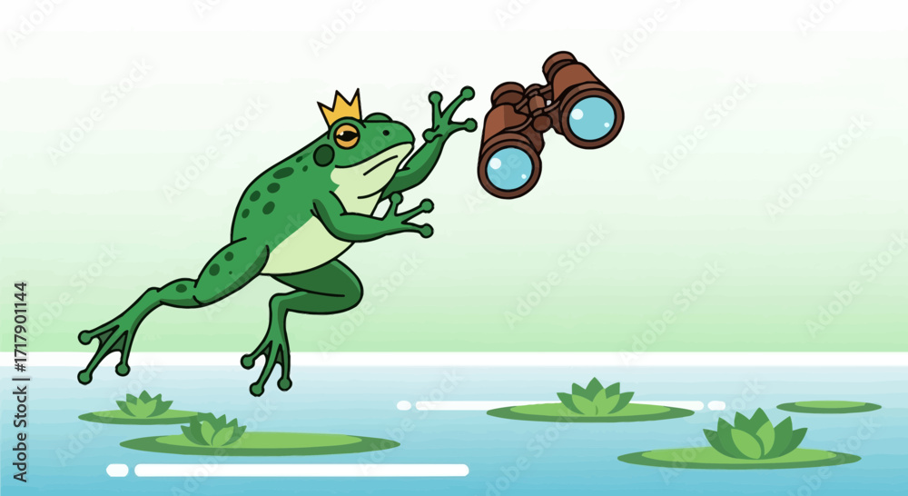 Fototapeta premium Royal Frog Joyfully Observes Using Binoculars Over A Pond, Cartoon Illustration Style