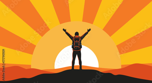 Silhouette Reaching Towards The Amazing Sunrise Sky, Outdoors And Adventure Concept