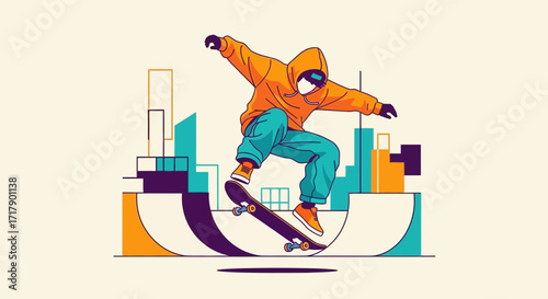 Skateboarder Performing A High Flying Trick Over A Colorful Abstract Urban Backdrop