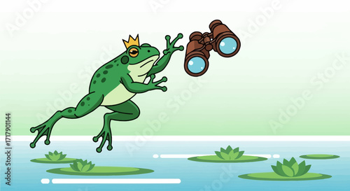 Royal Frog Joyfully Observes Using Binoculars Over A Pond, Cartoon Illustration Style