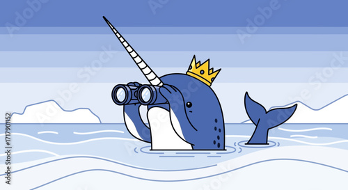 Royal Narwhal Observes The Horizon With Binoculars In The Arctic Waters