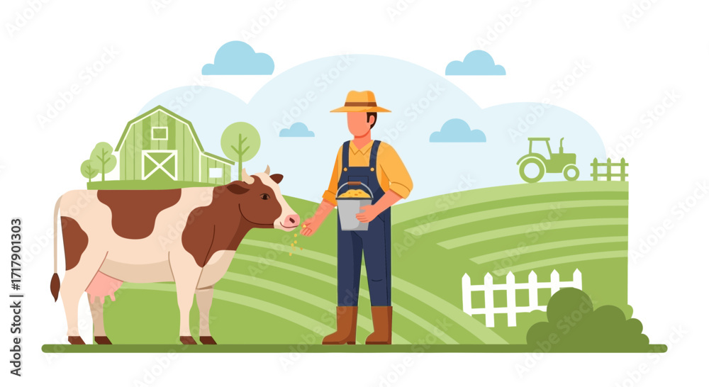 Naklejka premium Rural Scene Depicting Farmer Feeding Cow In Pastoral Farmland Green Landscape Illustration