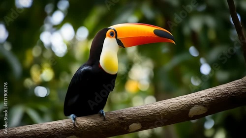 Toco Toucan perched.  Striking Ramphastos toco imagery for wildlife documentaries, travel promotion. Birdwatching content, neotropical nature projects, conservation campaigns.