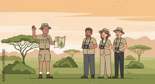 Safari Expedition Group With Guide Exploring Wildlife And Capturing Moments Outdoors
