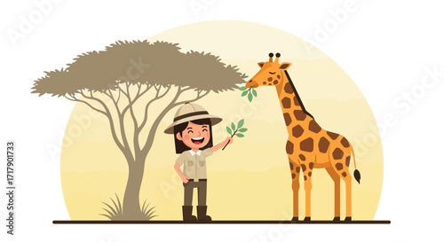 Safari Guide Interacting And Feeding A Giraffe Near A Large Tree In The Savanna