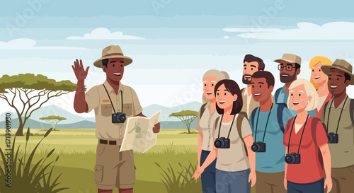 Safari Tour Guide Presenting a Map to a Diverse Group of Enthusiastic Tourists