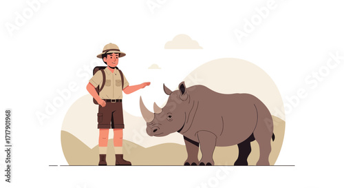 Safari Trip: Explorer Stands Beside Huge Rhino in Sunny Plains Illustration