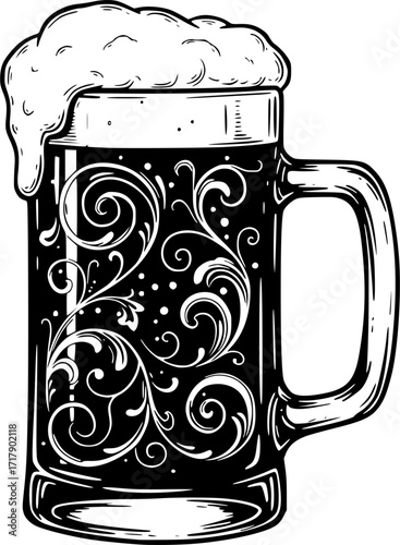 Black and white illustration of a frothy beer mug with detailed design. Vector illustration