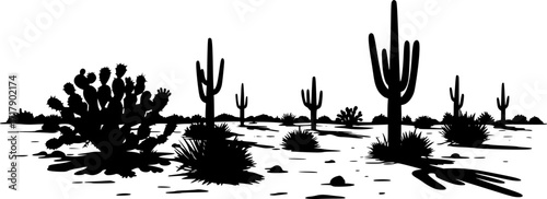 Desert landscape silhouette with cactus and bushes in black and white art. Vector illustration