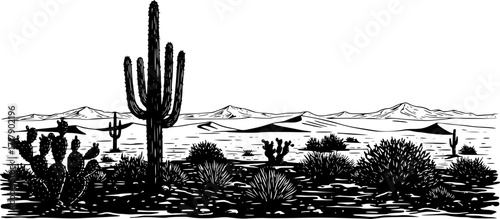 Desert landscape silhouette with cactus and bushes in black and white art. Vector illustration
