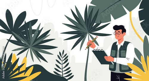Scientist Inspecting Lush Vegetation and Recording Observations In Tropical Habitat