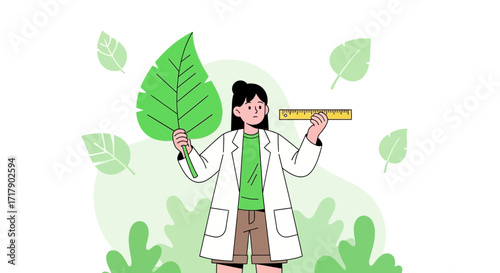 Scientist Measuring And Analyzing Leaf: Environmental Study And Nature Research Illustration