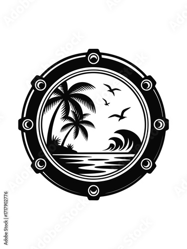 Tropical island scene viewed through a ship porthole