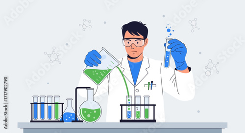 Scientist Performing Chemical Experiment: A Laboratory Illustration with Experiment Concepts