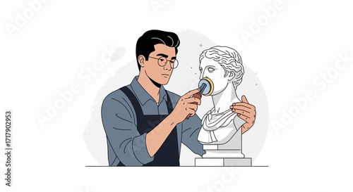 Sculptor Carefully Working On A Classic Bust, Crafting And Polishing Skillfully At Work