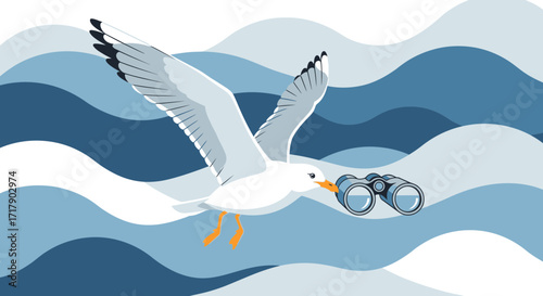 Seagull Soaring Over Waves With Binoculars Illustrating Discovery and Exploration