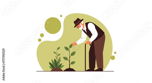Senior Man Tenderness a Sprout, A Symbolism of Growth, Nurturing Green Life Forever