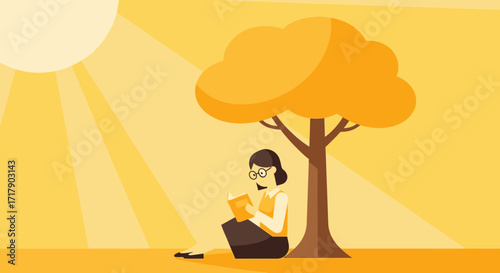 Serene Afternoon Reading Underneath a Golden Sunlight Tree for Illustrations