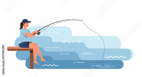 Serene Coastal Fishing Scene Depicting A Woman Enjoying Leisure Activity By The Water